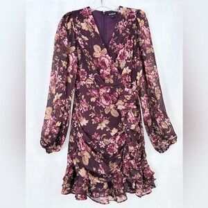 Express burgundy chiffon mini dress,floral print w metallic details.Sz XS.